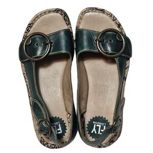 Fly London Dark Green Tram Wedge Slingback Peep-Toe